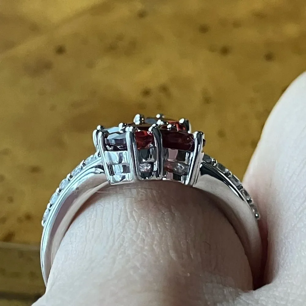 Natural Red Garnet Sterling Silver Cluster Ring Size 6